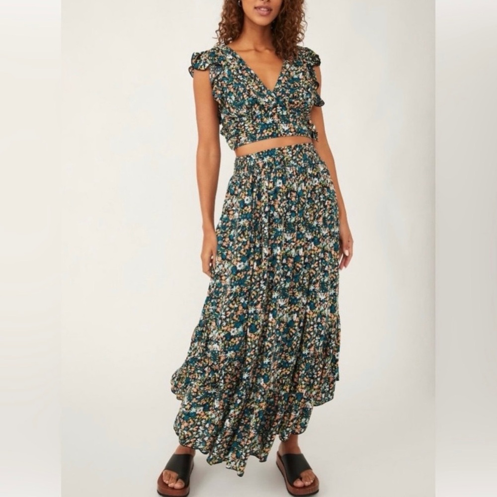 Free People Pretty Daze Teal Floral Tiered Maxi Skirt & Blouse 2pc Set